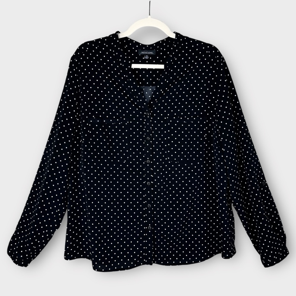 Notations polka dot blouse XL black & white relaxed fit long sleeve career top - Picture 8 of 8